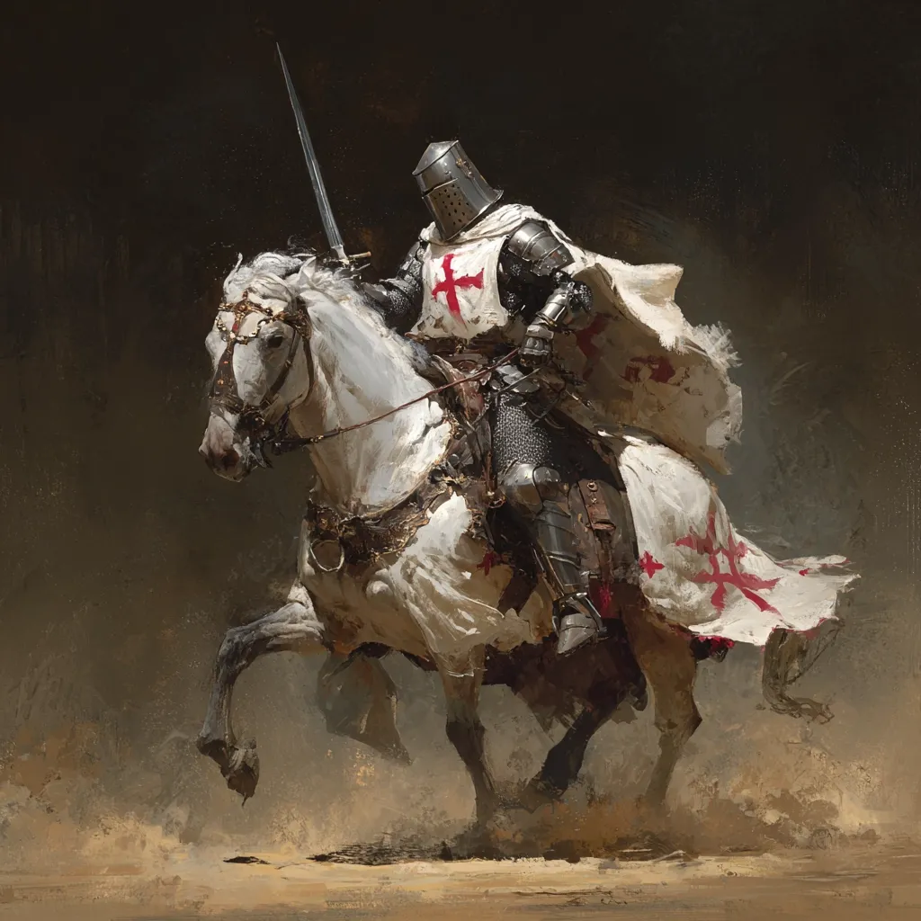 A knight in full plate armor, adorned with the red cross of a Crusader, sits atop a powerful white steed.  His sword is drawn, held at the ready. The knight's flowing white surcoat bears the symbol of his order, billowing behind him as he and his mount seemingly gallop across a dusty plain. The dark background emphasizes the knight's imposing figure and the drama of the scene. The artwork's style is painterly, with visible brushstrokes contributing to its dynamic feel.