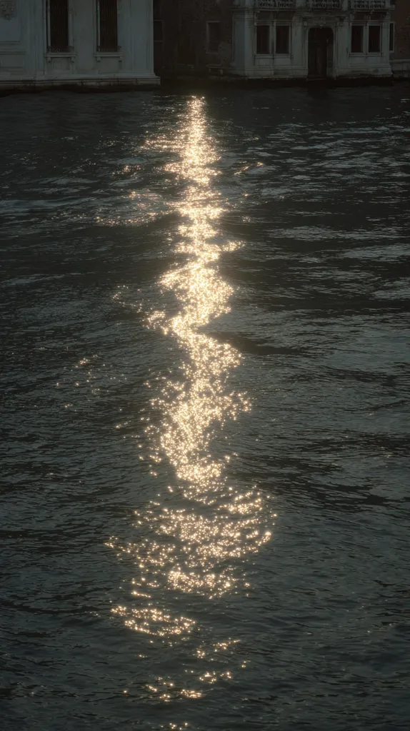 A shimmering path of sunlight dances across the dark water of a canal.  The light reflects intensely, creating a sparkling trail.  In the background, the pale facades of Venetian buildings stand silently, their architectural details partially obscured by shadows. The scene evokes a sense of quietude and the beauty of reflected light on water.