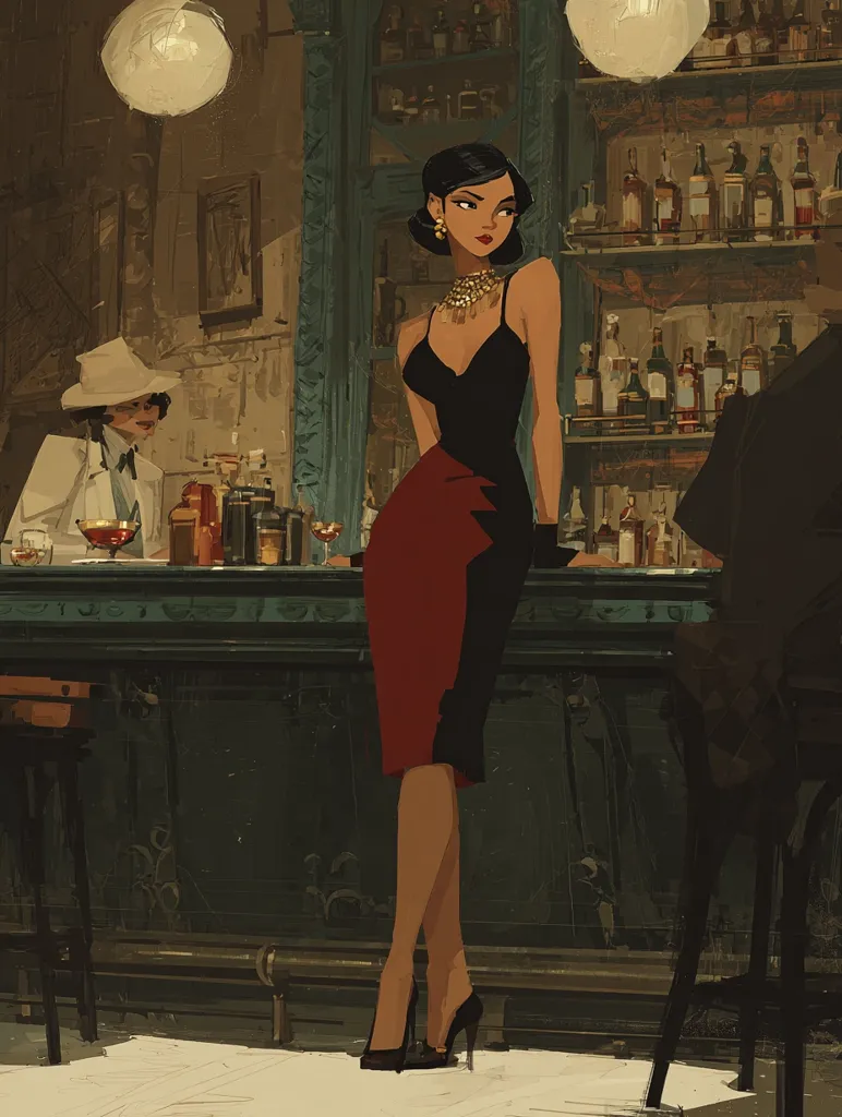 A stylish woman in a black and red dress sits at a dimly lit bar.  She wears high heels and a gold necklace, her dark hair neatly styled.  A man in a suit sits beside her, partially obscured.  A bartender is visible in the background, attending to another customer in a hat.  The scene evokes a classic, sophisticated atmosphere.  Bottles line the bar's shelves, adding to the ambiance of a vintage cocktail lounge.