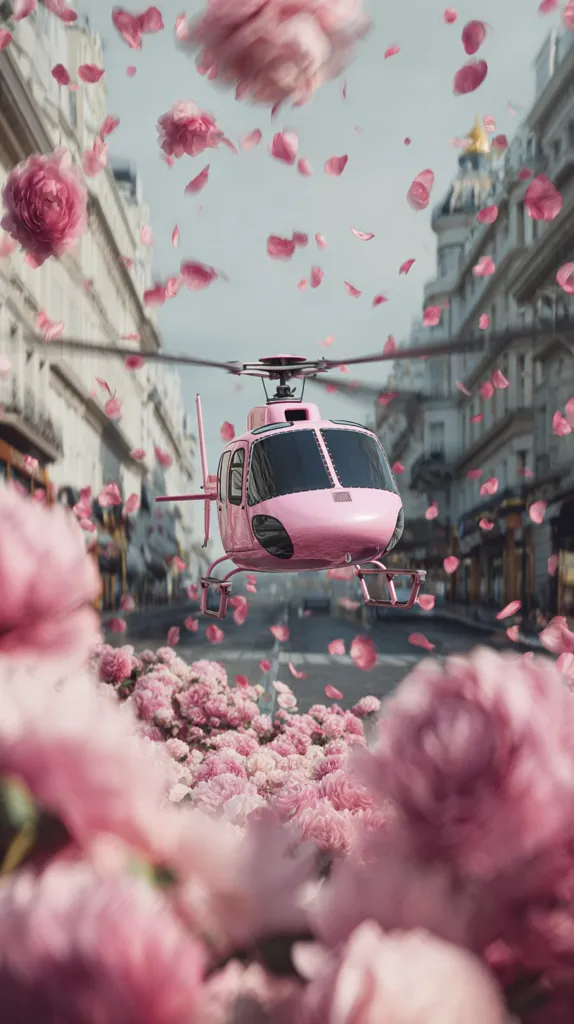A pink helicopter flies through a shower of pink rose petals above a city street. The helicopter is sleek and modern, contrasting with the classic architecture of the buildings.  The scene is dreamlike and whimsical, with the petals creating a romantic, ethereal atmosphere.  The vibrant pink hues dominate the image, creating a visually stunning effect.