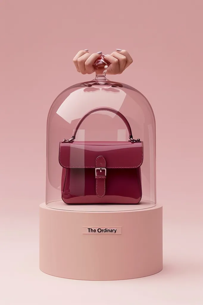 A burgundy handbag sits under a glass dome held aloft by two delicate hands.  The scene is minimalist, set against a pale pink background. The base of the display bears the label "The Ordinary," suggesting a product presentation or brand advertisement. The overall aesthetic is clean, sophisticated, and slightly surreal.