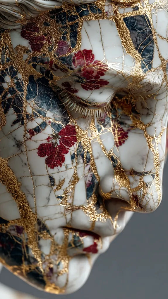 A close-up of a sculpted face, seemingly made of marble, is adorned with intricate gold leaf detailing and red and gold floral patterns.  The marble appears cracked and fragmented, with the gold filling the fissures, creating a visually striking juxtaposition of delicate floral motifs and the rough texture of the broken stone. The overall effect is one of both beauty and fragility.