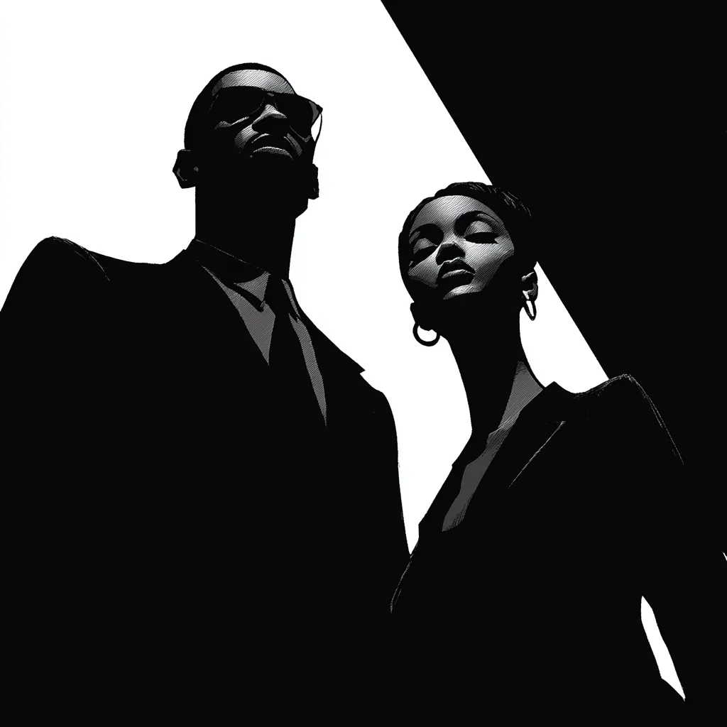 A stylized black and white illustration depicts a powerful Black couple, sharply dressed in suits.  The man, wearing sunglasses, stands slightly behind the woman, creating a sense of protection and dominance.  Their faces are dramatically lit, emphasizing their strong features against a stark, contrasting background.  The image evokes a feeling of mystery and sophistication.