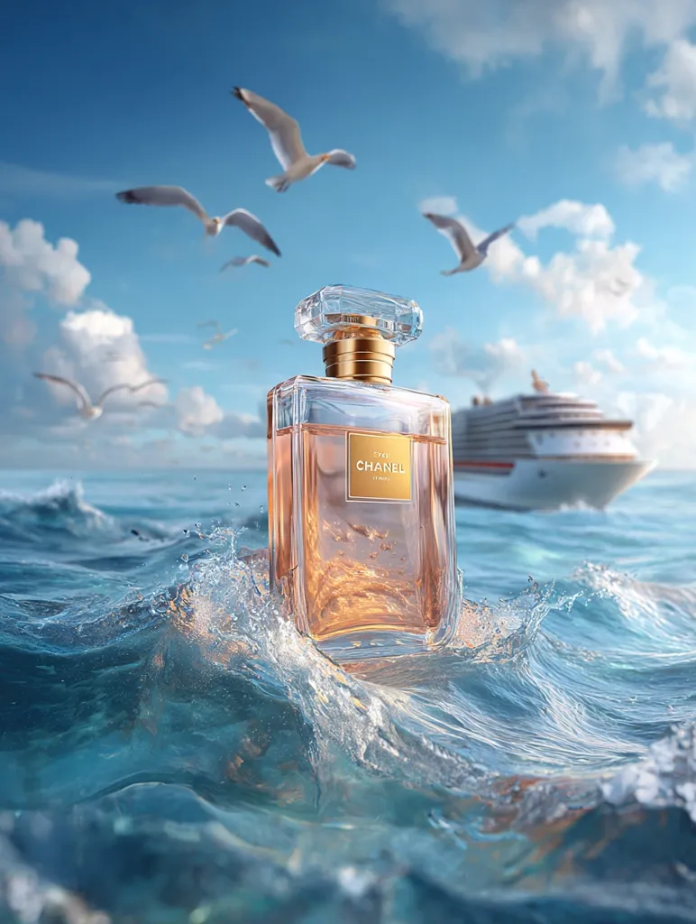 A bottle of Chanel perfume floats gently in crystal-clear ocean water.  Seagulls fly overhead against a bright blue sky, and a cruise ship is visible in the distance.  The scene evokes a sense of luxury, tranquility, and summer escape. The perfume's golden hue is reflected in the sunlight dancing on the water's surface.