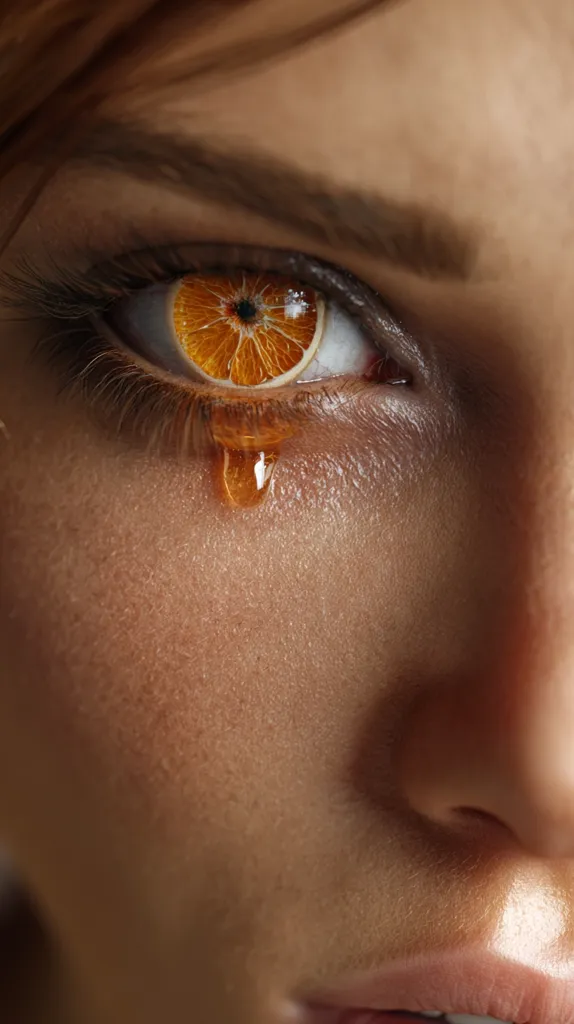 Close-up of a woman's eye, digitally altered to show an orange slice in place of the iris.  A drop of orange juice-like liquid is streaming down her cheek. The image is surreal and artistic, focusing on texture and color contrast between the skin and the vibrant citrus.  The overall effect is striking and slightly unnerving.