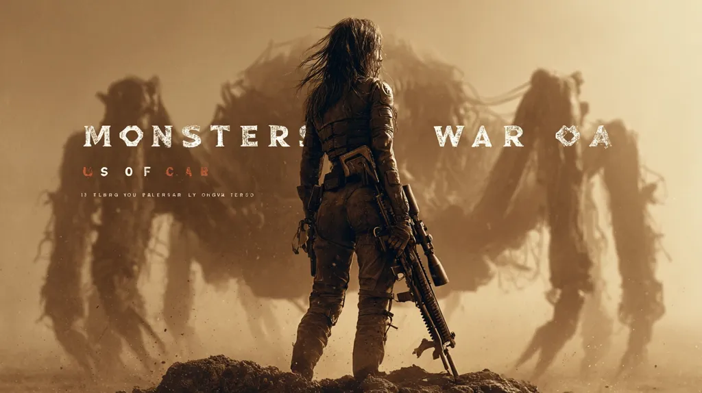 A promotional image for "Monster's War OA," a film about a post-apocalyptic battle against colossal monsters.  A lone female soldier, armed with a large rifle, stands defiantly against a backdrop of two enormous, shadowy creatures. The desolate, dusty landscape emphasizes the harsh environment and the overwhelming threat. The title card adds to the sense of impending conflict and struggle for survival.