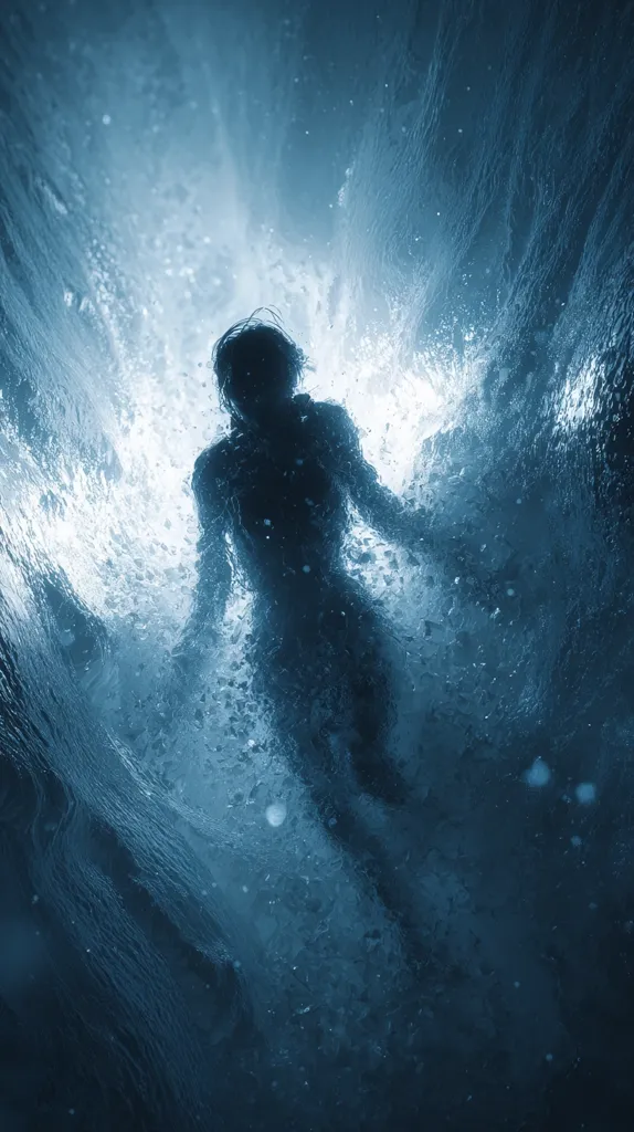 A dark silhouette of a person is seen underwater, amidst a churning, bright blue water. The figure is partially obscured by the water's movement, creating a sense of mystery and depth.  Light streams from above, illuminating the scene and emphasizing the contrast between the figure and the surrounding water.  The overall image evokes feelings of suspense and the unknown.