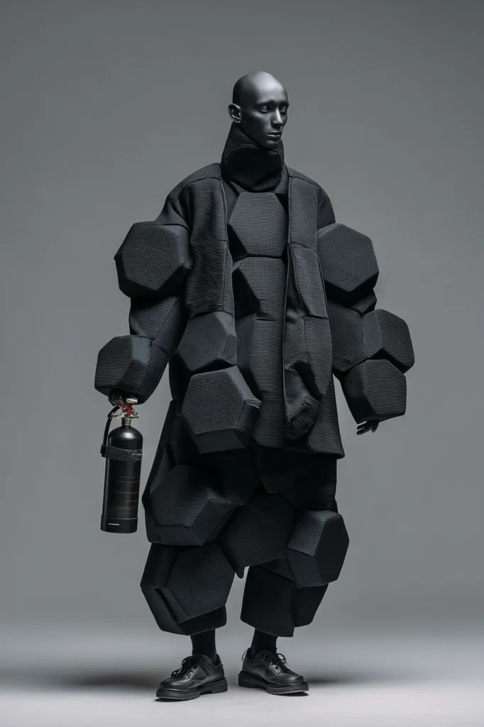 A bald, dark-skinned model stands against a gray backdrop, showcasing a striking avant-garde outfit.  The ensemble is a black, textured coat and pants composed of numerous hexagonal shapes, creating a three-dimensional, almost armored effect.  The model holds a fire extinguisher, adding an unexpected element to the futuristic and somewhat dystopian aesthetic.  The overall impression is one of bold, conceptual fashion design.