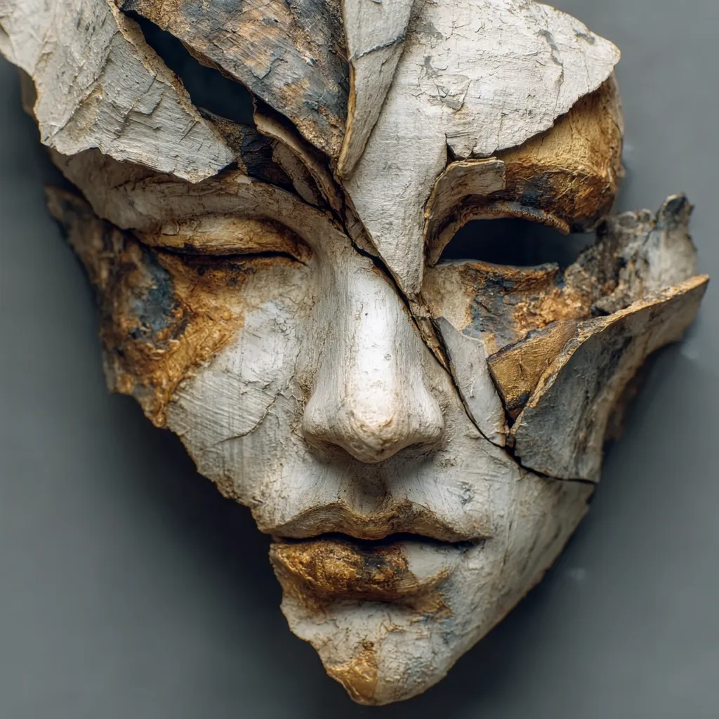 A close-up shot reveals a fragmented mask, crafted from a material resembling aged wood or stone.  The mask depicts a human face, its features partially obscured by the numerous cracks and fissures that traverse its surface.  The color palette is muted, primarily whites, grays, and browns, with hints of gold accentuating the fragmented edges. The overall impression is one of decay and fragility, yet the underlying form remains subtly discernible.