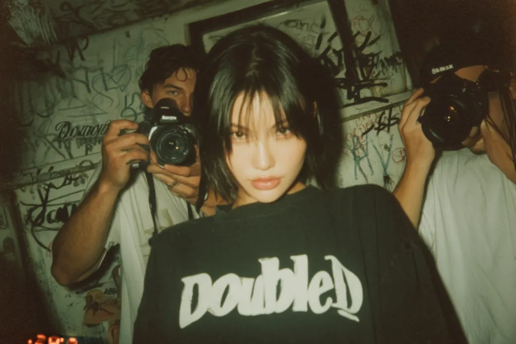 A young woman with short, dark hair and bangs is the central focus of a grainy, vintage-style photograph.  She wears a black t-shirt with "doubled" in stylized white lettering.  Two individuals, partially visible, are taking photos of her; one holds a camera to her left, another to her right.  The background features a graffiti-covered wall in a dimly lit setting, adding to the overall grunge aesthetic.