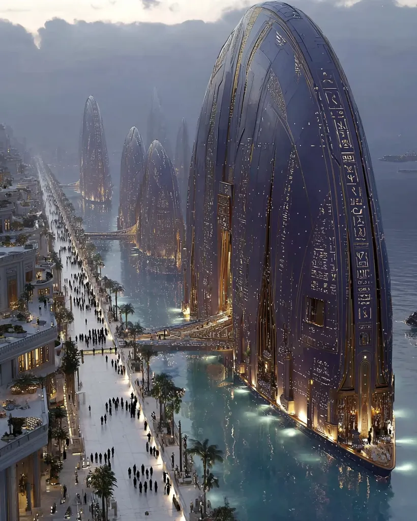 A futuristic city scene unfolds, featuring colossal, ovular structures resembling ancient Egyptian architecture.  These buildings, adorned with hieroglyphic-like carvings, are situated along a waterway, connected by elegant bridges.  Pedestrians stroll along a wide, central promenade, flanked by palm trees and classical-style buildings.  The overall atmosphere is one of serene grandeur, blending ancient and advanced aesthetics.
