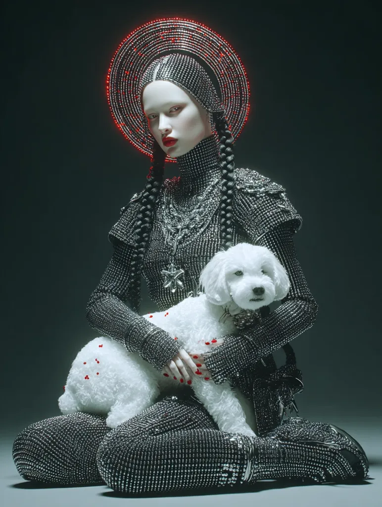 A striking image showcases a model adorned in a futuristic, metallic, chainmail-like outfit.  Her pale face is framed by dark braids and a luminescent red halo. She sits holding a fluffy white dog, creating a captivating contrast between the harsh metallic elements and the soft fur.  The overall aesthetic is dark, glamorous, and otherworldly.