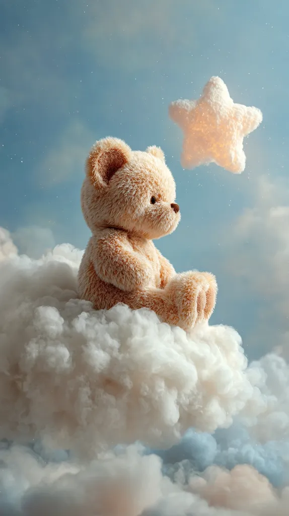 A fluffy tan teddy bear sits serenely atop a cloud formation, gazing upward at a luminous, fluffy star in a pastel blue sky.  The scene is peaceful and dreamlike, evoking feelings of childhood innocence and sweet dreams. The soft lighting and textures enhance the whimsical atmosphere.