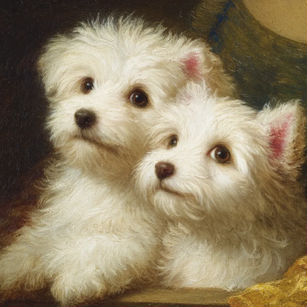 A close-up oil painting depicts two fluffy white West Highland White Terriers.  The puppies are positioned side-by-side, their heads slightly tilted, creating a sweet and endearing composition. Their soft, white coats are meticulously rendered, showcasing the texture of their fur.  The painting focuses on the dogs' expressive faces, highlighting their dark eyes and endearing expressions.