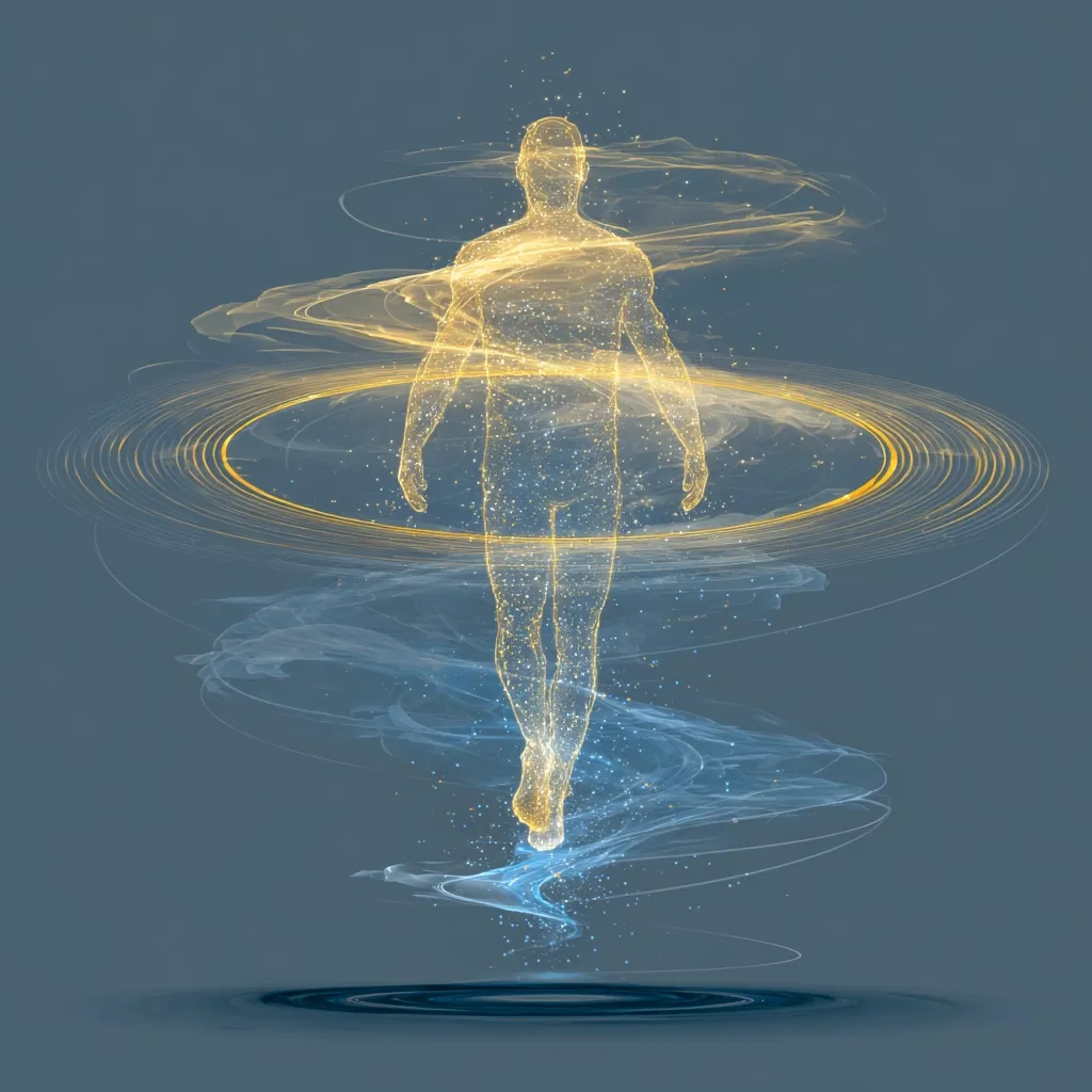 A digital art piece depicts a glowing, ethereal human figure seemingly levitating within swirling, luminous energy fields.  The figure, outlined in golden light particles, appears to walk through a vortex of blue and gold, creating a sense of spiritual ascension or energy transfer.  The overall mood is one of serene transcendence and mystical power.