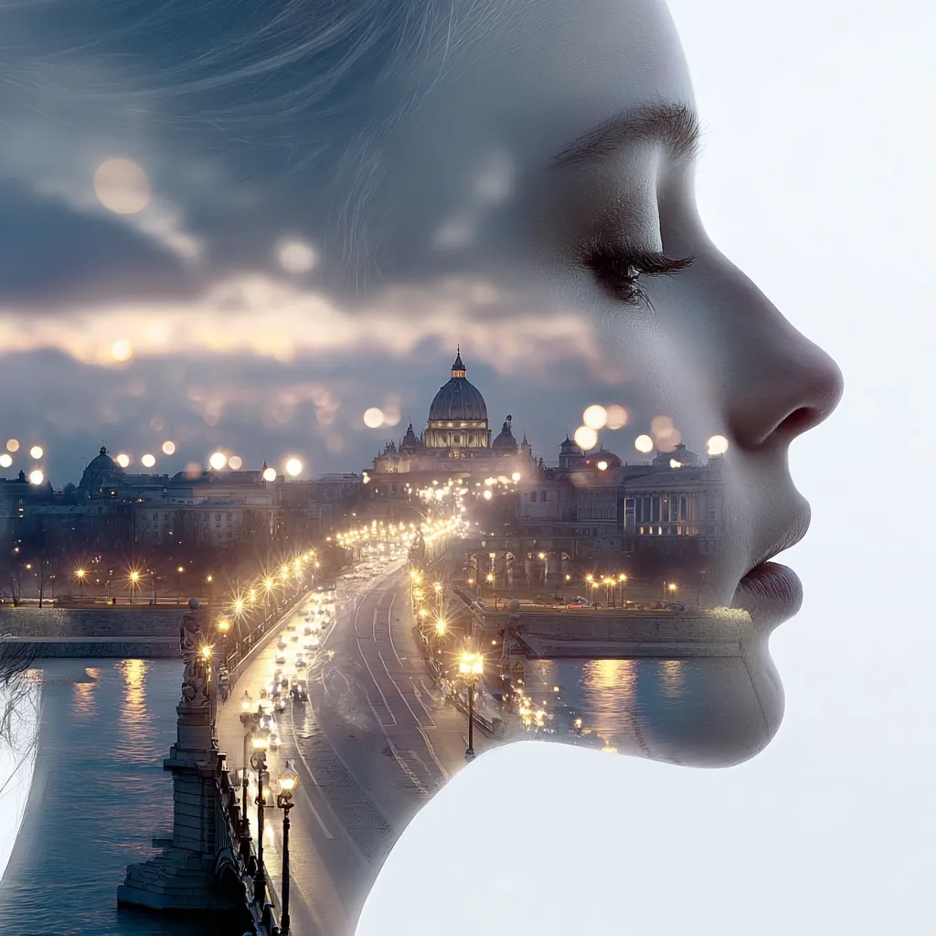 A double exposure image seamlessly blends the profile of a woman's face with a nighttime cityscape.  The city, featuring a prominent dome and illuminated bridges, appears within the woman's head and neck.  The overall effect is dreamlike and evocative, suggesting inner landscapes and the connection between personal experience and urban life. The soft lighting and muted colors enhance the ethereal mood.
