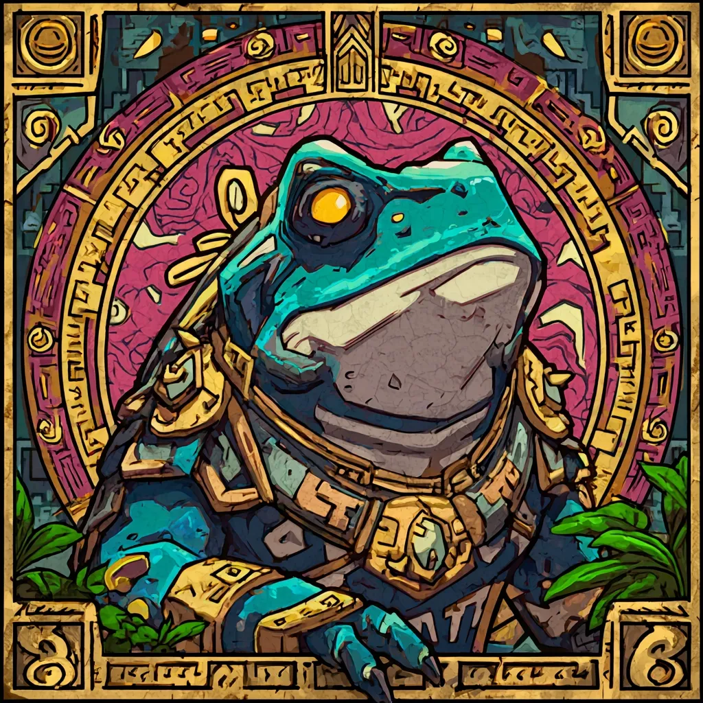 A stylized portrait of a regal frog, adorned in ornate gold jewelry and turquoise armor.  The frog is centrally positioned within a circular frame featuring Mayan-inspired patterns and a vibrant pink background.  The artwork exhibits a painterly texture, with bold colors and defined lines creating a powerful and majestic image.  Surrounding the frame are decorative elements reminiscent of ancient architecture.
