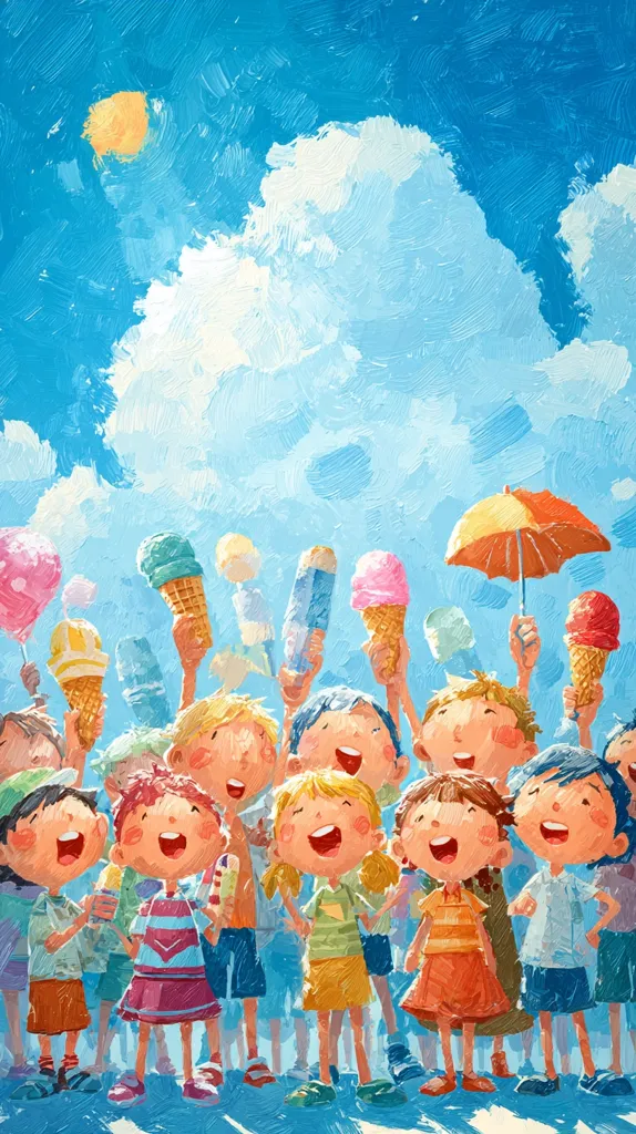 A vibrant painting depicts a joyful group of children celebrating under a sunny sky.  They hold up various ice cream treats, popsicles, and cotton candy, their expressions bright and cheerful.  An orange umbrella adds to the festive summer scene, painted in a bold, textured style. The overall impression is one of carefree summer fun and delight.