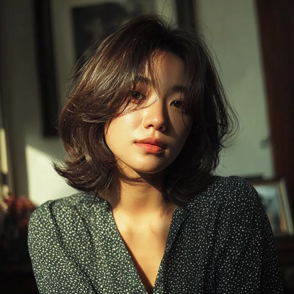 A young woman with shoulder-length brown hair, styled with soft layers and side-swept bangs, gazes directly at the camera.  Sunlight illuminates her face, highlighting her features. She wears a dark green, patterned blouse with a V-neck. The background is softly blurred, suggesting an indoor setting with warm, ambient light.  The overall mood is serene and intimate.