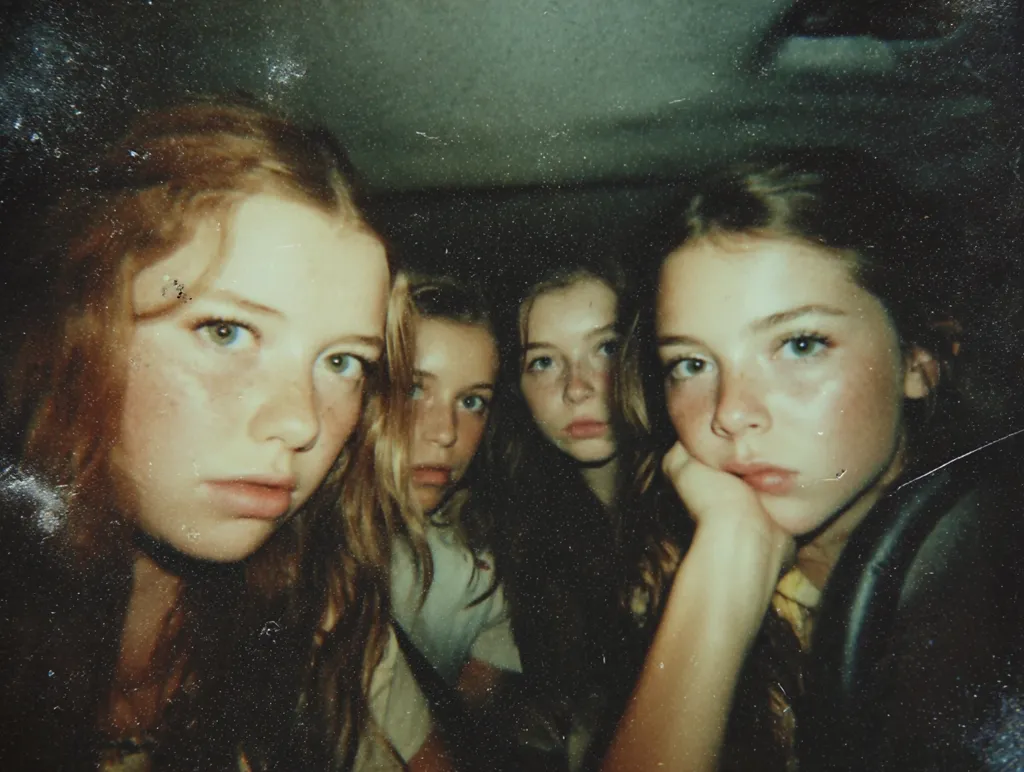 A grainy, close-up photo captures four teenage girls crammed together in what appears to be a car.  The girl in the foreground has long, reddish-brown hair, her expression serious.  Behind her, three other girls peer out, their faces partially obscured, conveying a sense of youthful intimacy and shared experience. The overall aesthetic is reminiscent of a vintage photograph, enhancing its nostalgic feel.