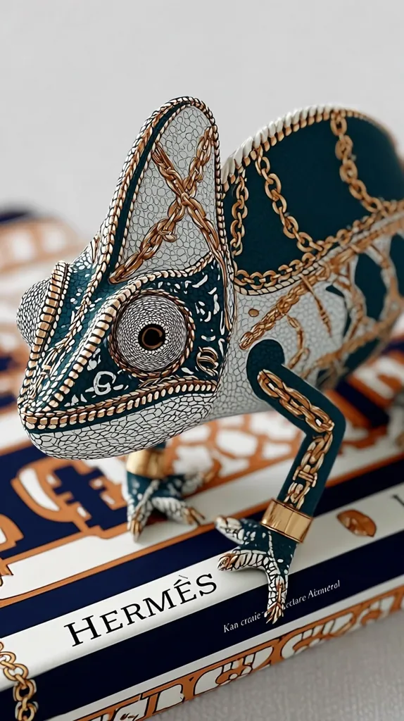 A meticulously crafted chameleon figurine, adorned with intricate gold chain details and a teal and white patterned body, rests on a Hermès-branded book.  The chameleon's design is highly detailed, showcasing a blend of luxury and artistry. The image is sharp, highlighting the texture and craftsmanship of the piece. The overall aesthetic is one of elegance and sophisticated design.