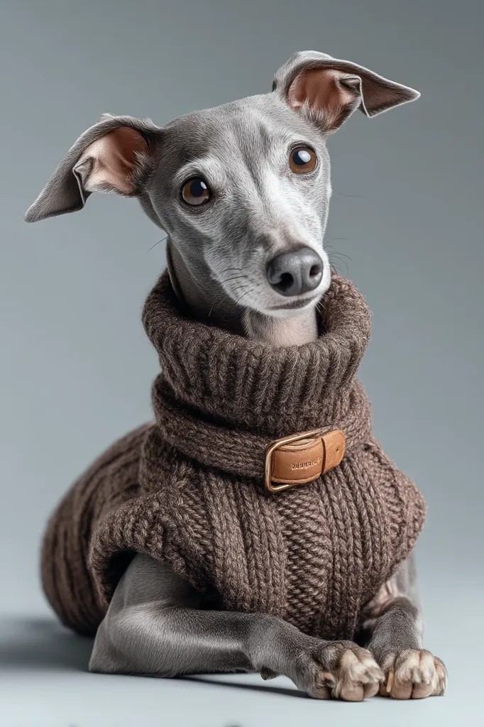 A grey Italian Greyhound sits against a grey background, wearing a brown knitted sweater with a leather buckle.  The dog's expressive eyes are visible, and its ears are slightly pointed up.  The sweater is loose-fitting and appears comfortable. The overall image is stylish and evokes a sense of warmth and comfort.