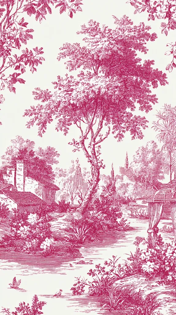 A toile-style print depicts a serene countryside scene in deep pink on a cream background.  Lush trees, a winding stream, small buildings, and a gazebo are intricately detailed. Birds are scattered throughout the idyllic landscape, which suggests a peaceful and charming rural setting.  The overall style is reminiscent of classical European design.