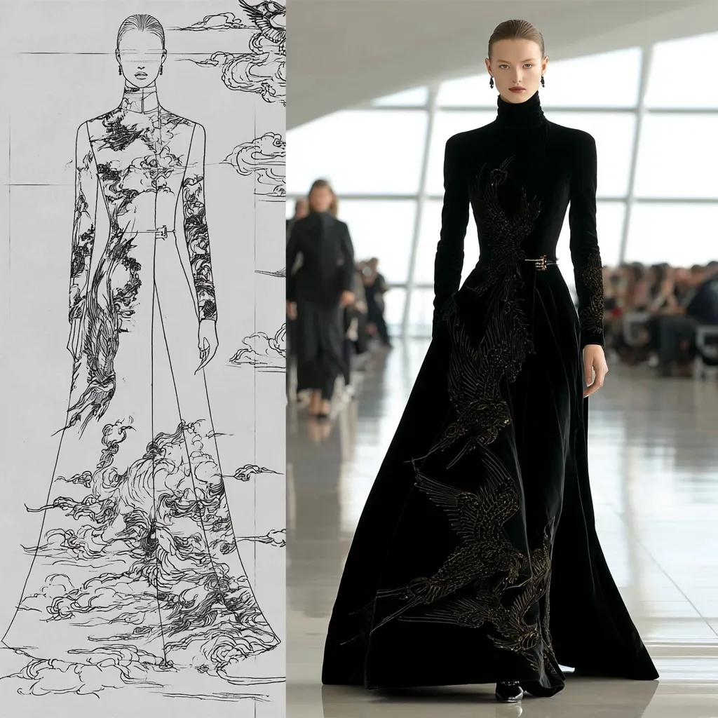 A side-by-side comparison shows a fashion design sketch and its realized form. The sketch depicts a floor-length gown with a high neck and long sleeves, adorned with a cloud and bird motif. The finished garment, a black velvet gown, faithfully replicates the design, featuring intricate golden embroidery of birds in flight against a backdrop of stylized clouds. The elegant model showcases the exquisite craftsmanship of the dress.