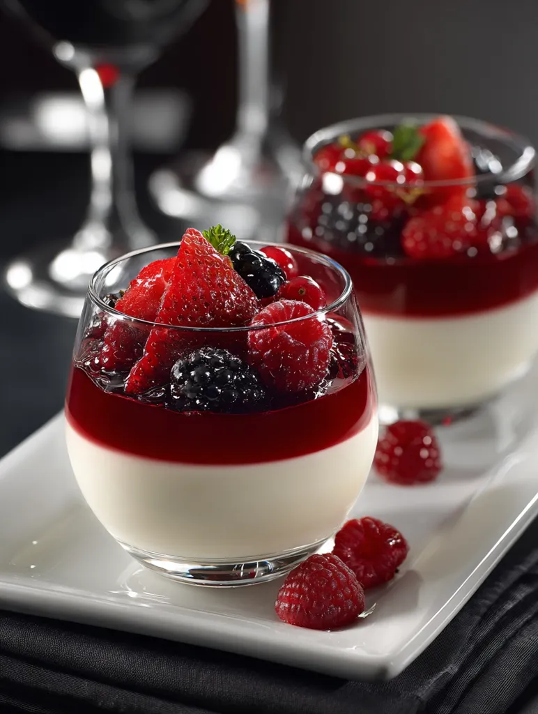 Two elegant dessert glasses filled with creamy panna cotta topped with a vibrant red berry compote.  Blackberries, raspberries, and strawberries are visible in the glistening jelly, creating a visually appealing and delicious-looking treat.  Fresh raspberries are artfully placed on the serving plate beside the glasses. The setting is sophisticated and dark, emphasizing the desserts' bright colors.
