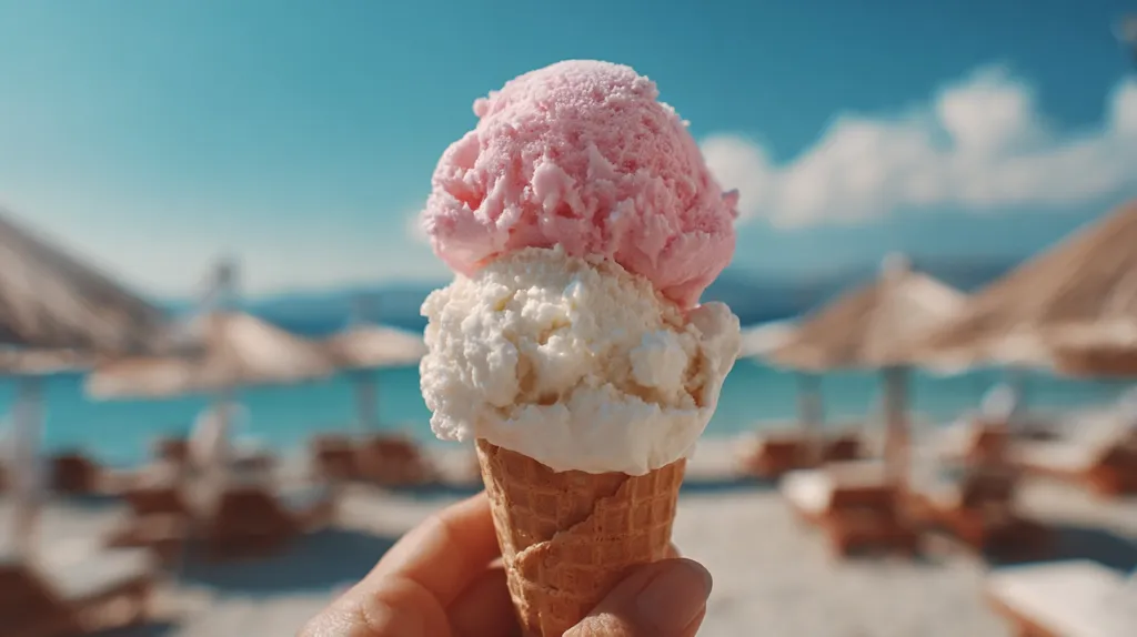 A hand holds a double scoop ice cream cone.  The top scoop is pink, and the bottom is white. The background is blurred, showing a sunny beach scene with turquoise water and beach umbrellas.  It's a perfect summer day at the beach, enjoying a refreshing treat.