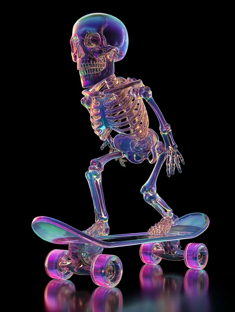 A vibrant, iridescent skeleton is depicted skateboarding.  Rendered in a 3D style, the skeleton appears translucent, showcasing its skeletal structure with a rainbow sheen. The skateboard matches the skeleton's colorful aesthetic. The image is set against a stark black background, emphasizing the skeleton and board's luminescence.  The overall impression is one of playful, otherworldly energy.