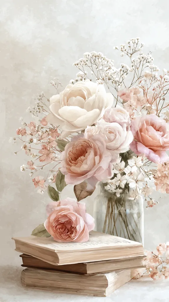 A delicate bouquet of blush and cream roses and baby's breath sits in a clear glass vase atop a stack of antique books.  The soft, muted tones create a serene and romantic atmosphere.  A single rose rests on the top book, adding to the overall feeling of gentle beauty and quiet elegance. The background is a subtly textured, light beige.