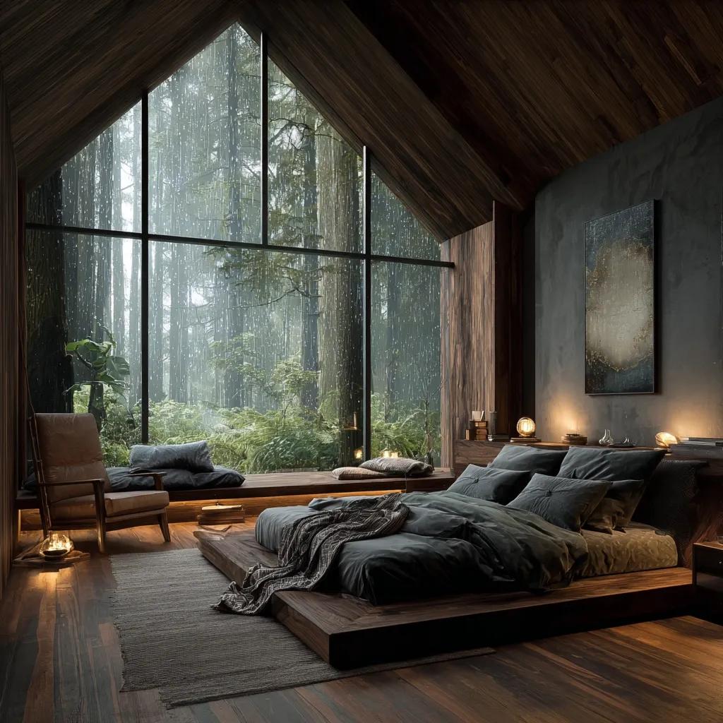 A cozy bedroom with a minimalist design features a large window showcasing a rain-soaked forest.  Dark wood accents, a low platform bed with dark linens, and muted lighting create a serene atmosphere. A leather armchair sits near the window, adding a touch of rustic charm. The overall mood is tranquil and inviting, perfect for relaxation.