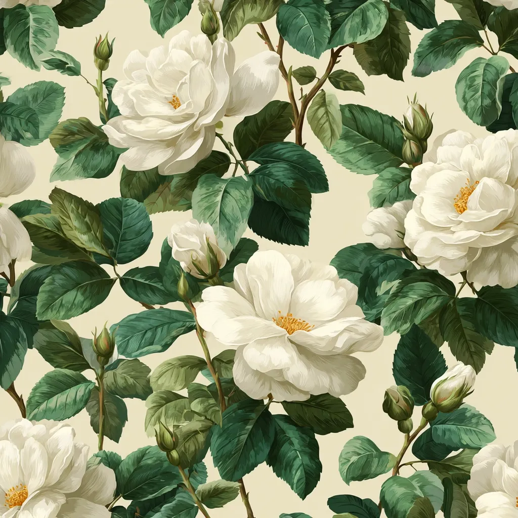 A seamless pattern features lush, creamy white roses in full bloom.  The roses are depicted with exquisite detail, their petals soft and layered.  Deep green foliage surrounds the flowers, creating a vibrant contrast against the pale beige background.  The overall style evokes a classic, romantic aesthetic, suitable for fabric, wallpaper, or other decorative applications.  Unopened buds and leaves add depth and texture to the design.