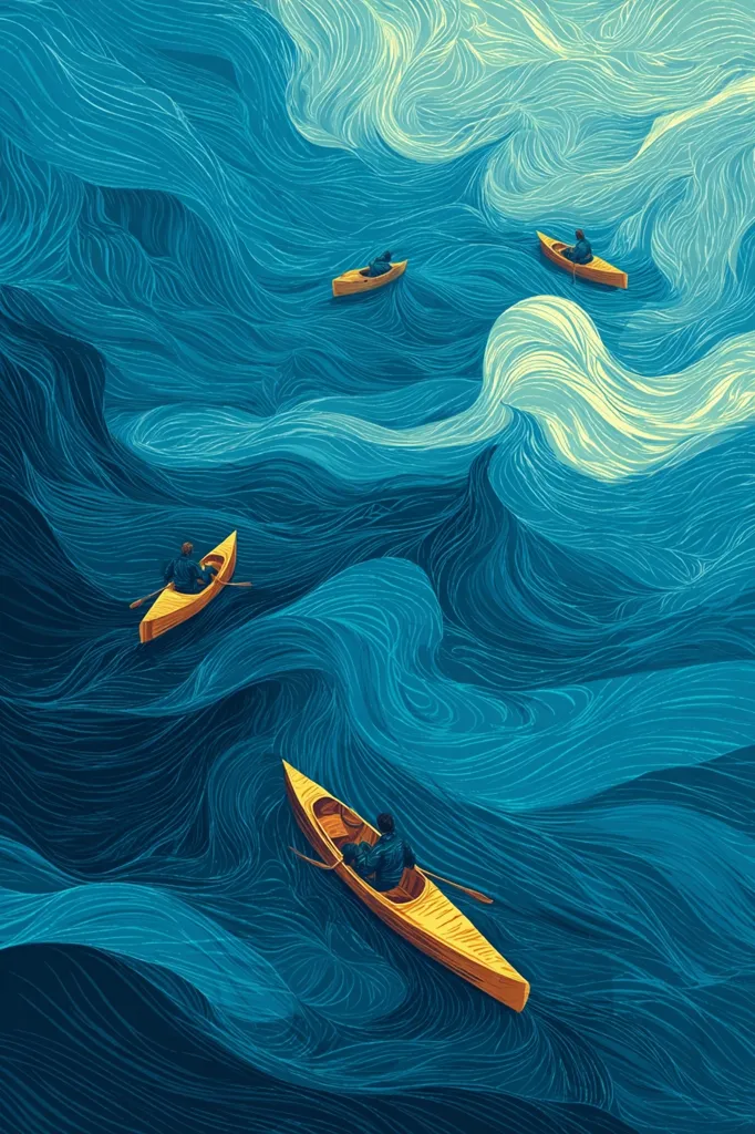 Four lone figures navigate a swirling, deep blue sea in yellow canoes.  The stylized waves, rendered in flowing lines, create a sense of both movement and tranquility. The color palette is primarily teal and blue, with the canoes providing a warm contrast.  The scene evokes a feeling of solitary journey and the vastness of nature.