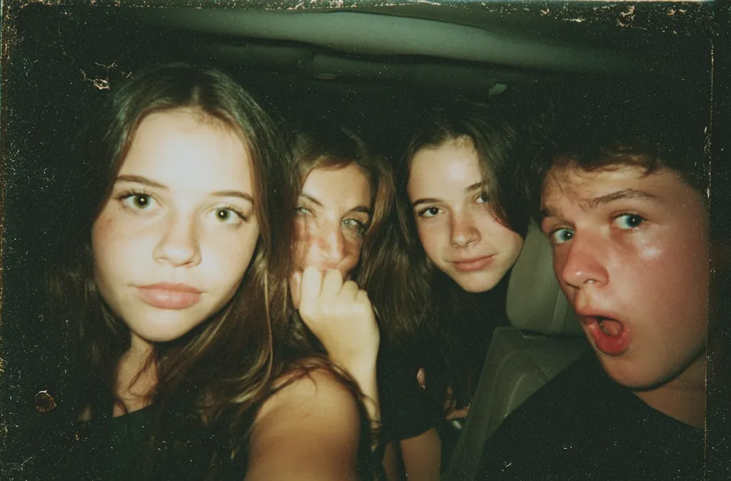 A grainy, dimly lit Polaroid-style photo shows four teenagers in the back of a car. Three girls with long brown hair are clustered together; one girl has her hand to her mouth.  A boy with light skin and short hair is to the right, his mouth open in surprise. The image has a nostalgic, slightly blurry quality, characteristic of an older photograph.