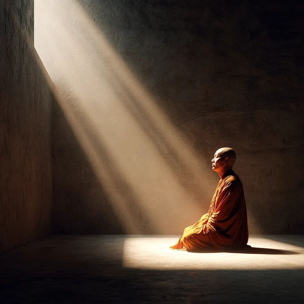 A bald, serene monk sits in a dimly lit room, illuminated by sunbeams streaming through a high window.  He is dressed in a traditional saffron-colored robe, his posture suggesting deep meditation or prayer. The stark contrast between light and shadow emphasizes the monk's spiritual focus and the peaceful atmosphere of the space.  The image evokes a sense of contemplation and inner peace.