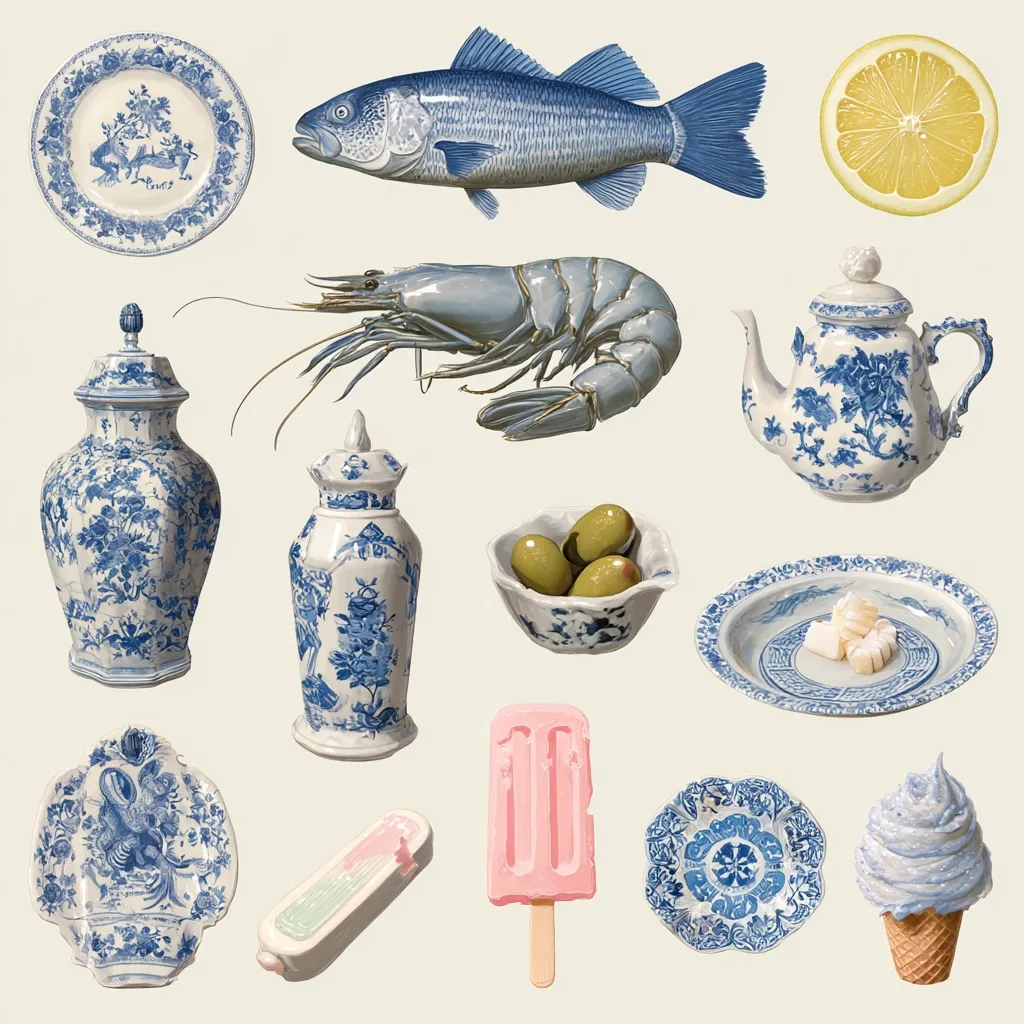A vibrant still life showcasing a collection of objects.  Blue and white porcelain pieces, including plates, vases, and a teapot, are arranged alongside a sea bass, shrimp, olives, a lemon, a popsicle, and a lavender ice cream cone.  The contrasting colors and textures create a visually appealing composition.  The style is reminiscent of a detailed painting or illustration.