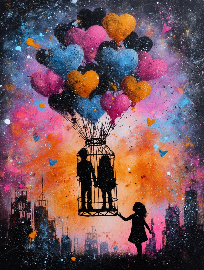 A vibrant painting depicts a hot air balloon crafted from heart-shaped balloons soaring above a cityscape.  Inside the balloon's cage, two silhouetted figures hold hands. A smaller figure reaches out to them from below, suggesting a rescue or connection. The background bursts with colorful nebula-like textures, creating a dreamy and surreal atmosphere. The overall mood is one of hope and escape.