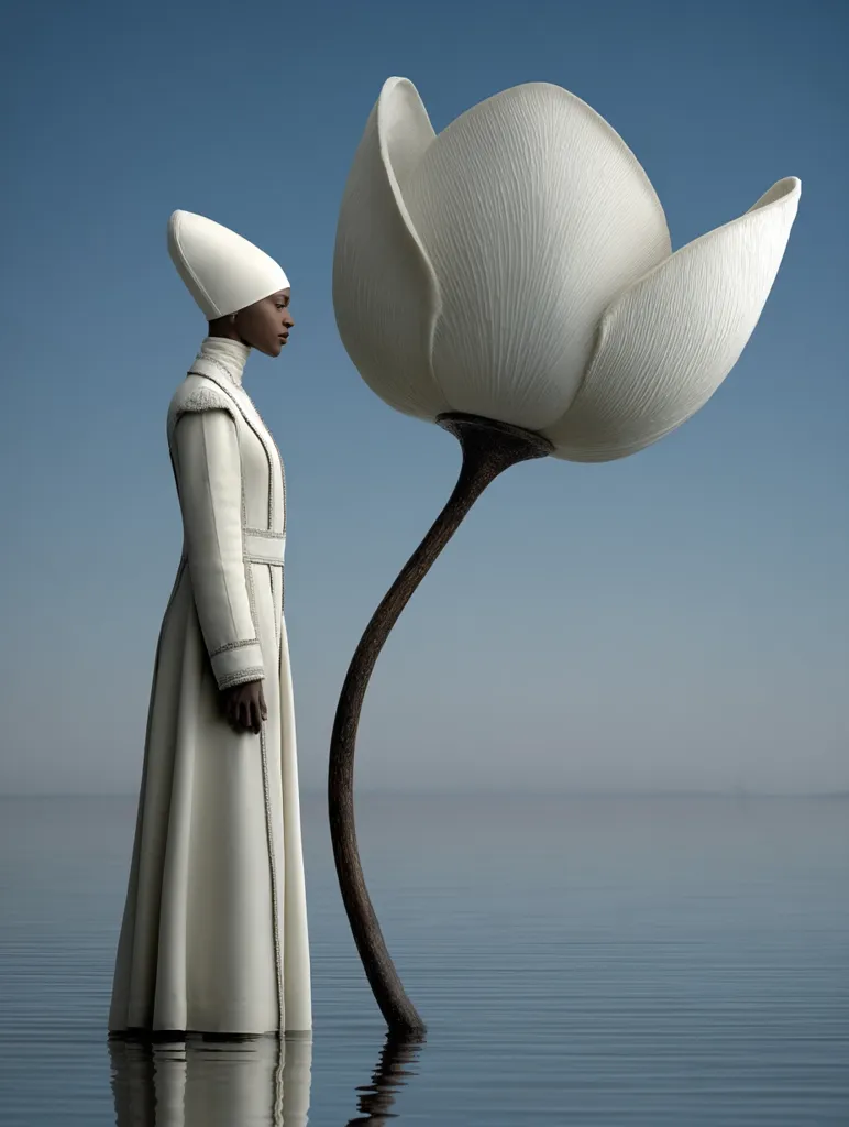 A woman in a long, white coat and matching head covering stands by a calm body of water.  Beside her, a dramatically oversized, white flower on a dark stem bends toward her. The scene is minimalist and serene, evoking a sense of quiet contemplation and surrealism.  The color palette is muted, with shades of white, blue, and brown dominating the image.