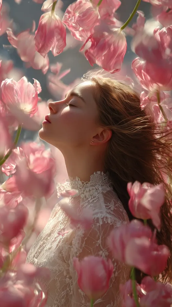 A young woman with long, flowing brown hair wears a white lace top.  She is surrounded by a profusion of delicate pink flowers, petals seemingly floating in the air around her.  Her eyes are closed, her head tilted back slightly, suggesting a feeling of peace and tranquility amidst the blossoms. The overall mood is ethereal and romantic.