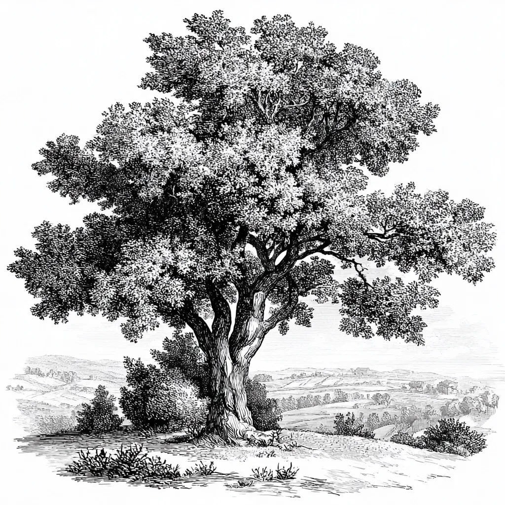 A detailed black and white illustration showcases a majestic, full-bodied tree standing prominently on a gently sloping hill.  The tree's thick trunk and expansive, leafy crown dominate the foreground, while a tranquil, rolling landscape unfolds in the background, hinting at a pastoral setting. The meticulous linework emphasizes texture and depth, creating a sense of age and stillness.