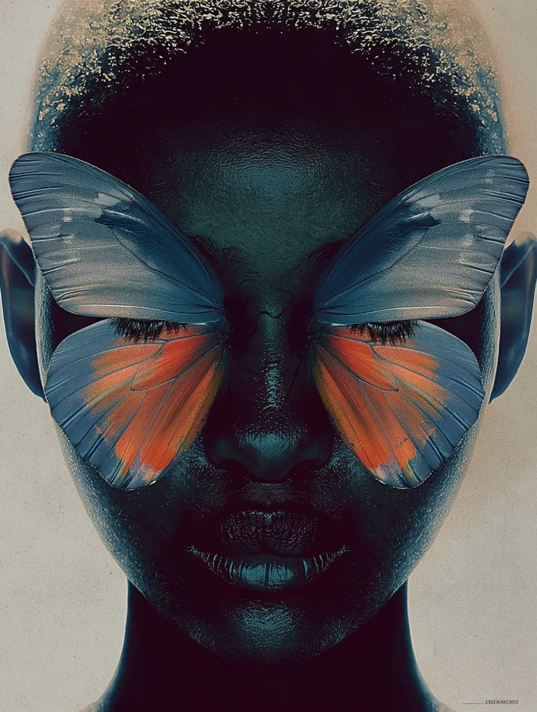 A close-up portrait of a person with dark skin, their eyes closed.  Large, vibrant butterfly wings, predominantly blue-grey with warm orange undertones, are superimposed over their eyes, covering the upper half of their face. The image is stylized with a dark, moody palette and a textured background, creating a surreal and artistic effect.  The overall mood is serene and contemplative.