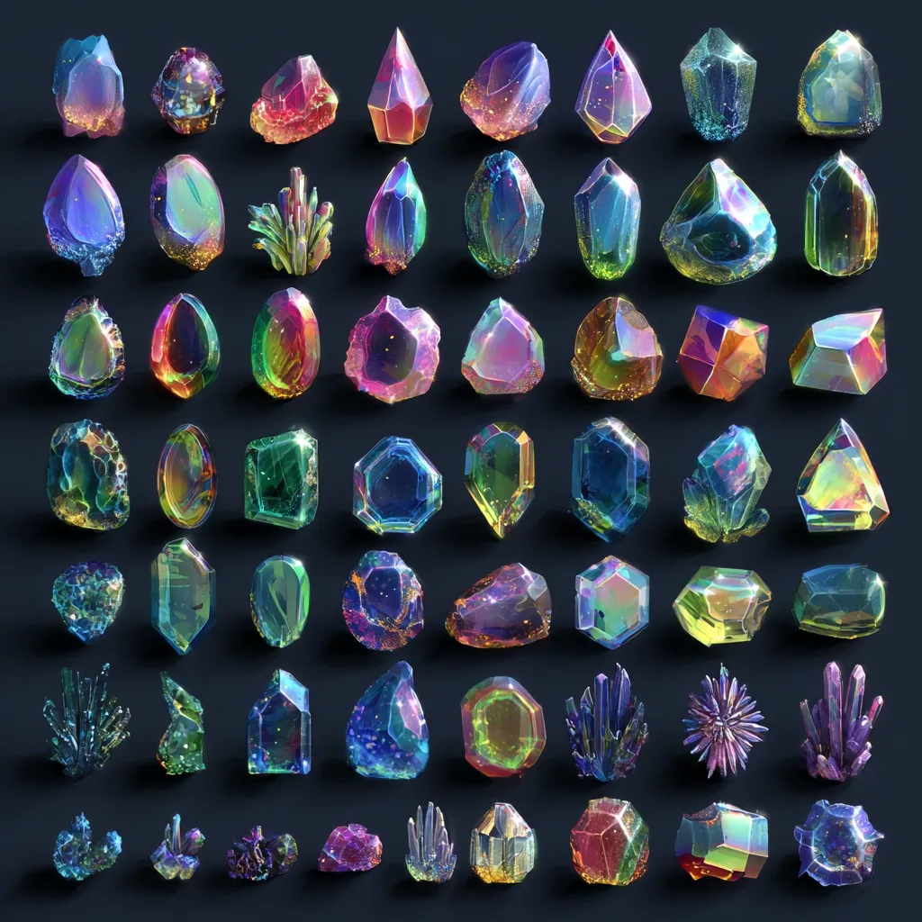A vibrant collection of 50 iridescent gemstones, rendered in meticulous detail, are displayed against a dark background.  The gems exhibit a wide array of shapes, sizes, and internal structures, showcasing a spectrum of colors with a strong emphasis on blues, greens, and purples, highlighted by gold and shimmering textures.  The image evokes a sense of fantasy and luxury.