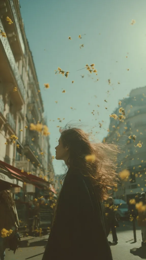 A woman with long, flowing brown hair stands on a city street, her profile visible as she faces to the left.  Yellow petals fall around her, creating a whimsical, ethereal atmosphere.  The background shows European-style buildings and a bustling street scene, slightly out of focus.  The image evokes a sense of romanticism and quiet contemplation. The overall tone is soft and dreamy, with muted colors.