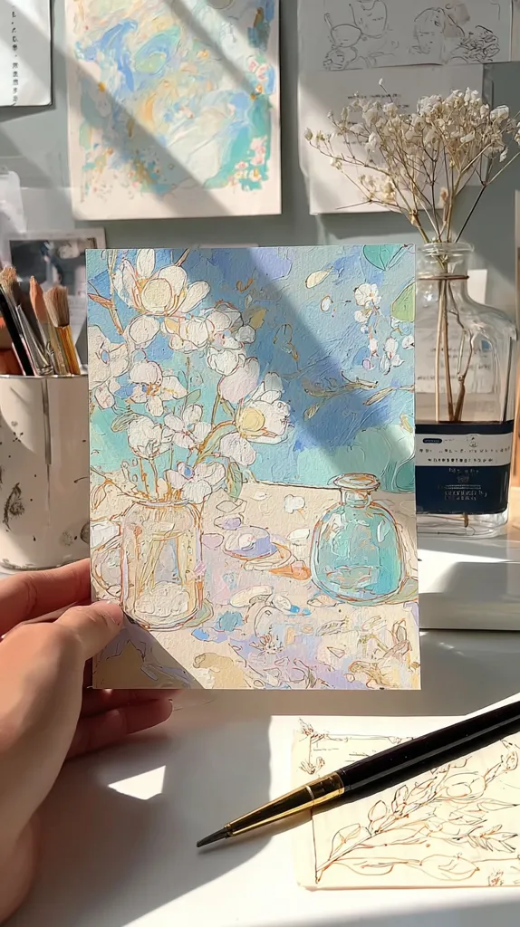A hand holds a pastel painting of a floral still life. Delicate white flowers in a glass jar are the focal point, set against a light blue background with hints of purple and beige.  A clear glass bottle sits beside the jar. The style is impressionistic, with visible brushstrokes.  The image is bathed in soft sunlight, adding to its serene atmosphere.  Other artwork and art supplies are visible in the background.