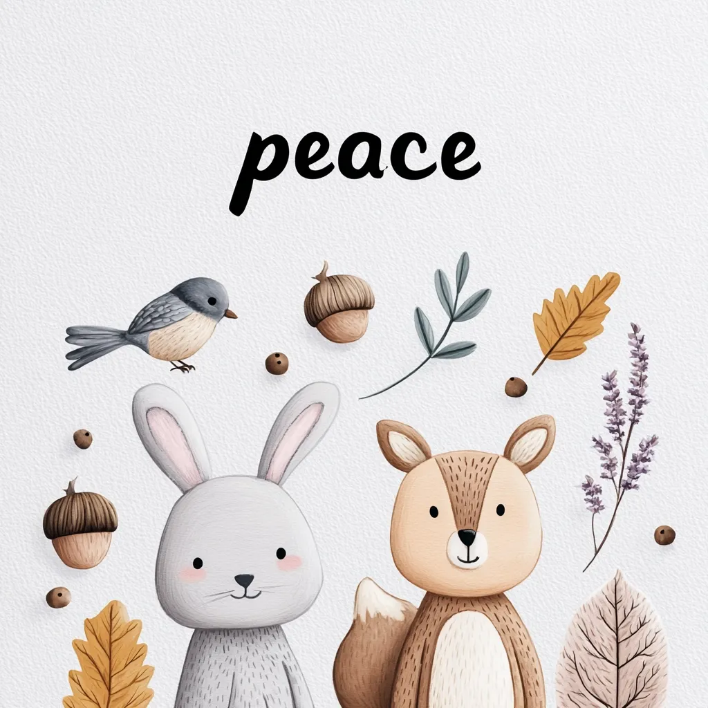 A charming illustration features a gray bunny and a brown squirrel, surrounded by acorns, leaves, a bird, and lavender.  The word "peace" is prominently displayed above the animals, creating a serene and calming autumnal scene. The watercolor-like style adds to the gentle and peaceful atmosphere.