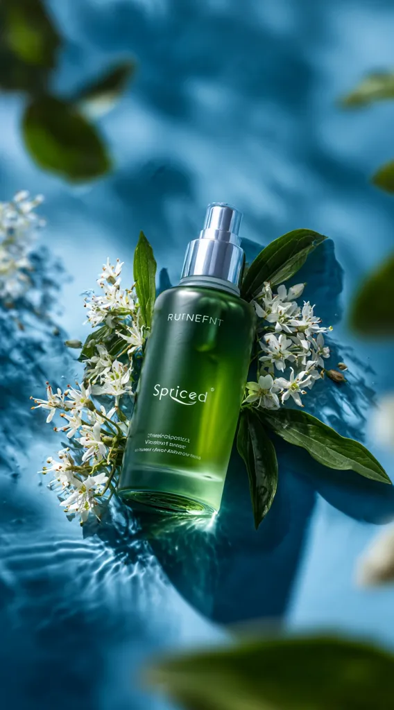A green glass bottle of "Spiced"  by Ruinefnt sits amongst lush green leaves and delicate white flowers on a teal surface.  The bottle is a spray bottle with a silver top. The image has a serene and natural feel, highlighting the product's botanical essence.  Water ripples softly around the bottle, adding to the tranquil mood.
