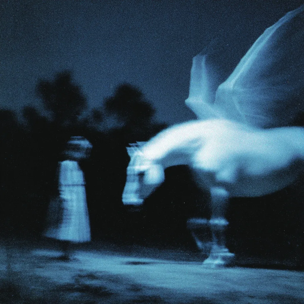 A blurry, monochromatic image depicts a ghostly figure of a woman in a long dress facing a winged horse at night.  The horse, appearing ethereal and in motion, has large, outstretched wings.  Both the woman and the horse are indistinct, creating a dreamlike or surreal atmosphere. The background is dark and suggestive of a nighttime setting with indistinct trees. The overall tone is cool and mysterious.