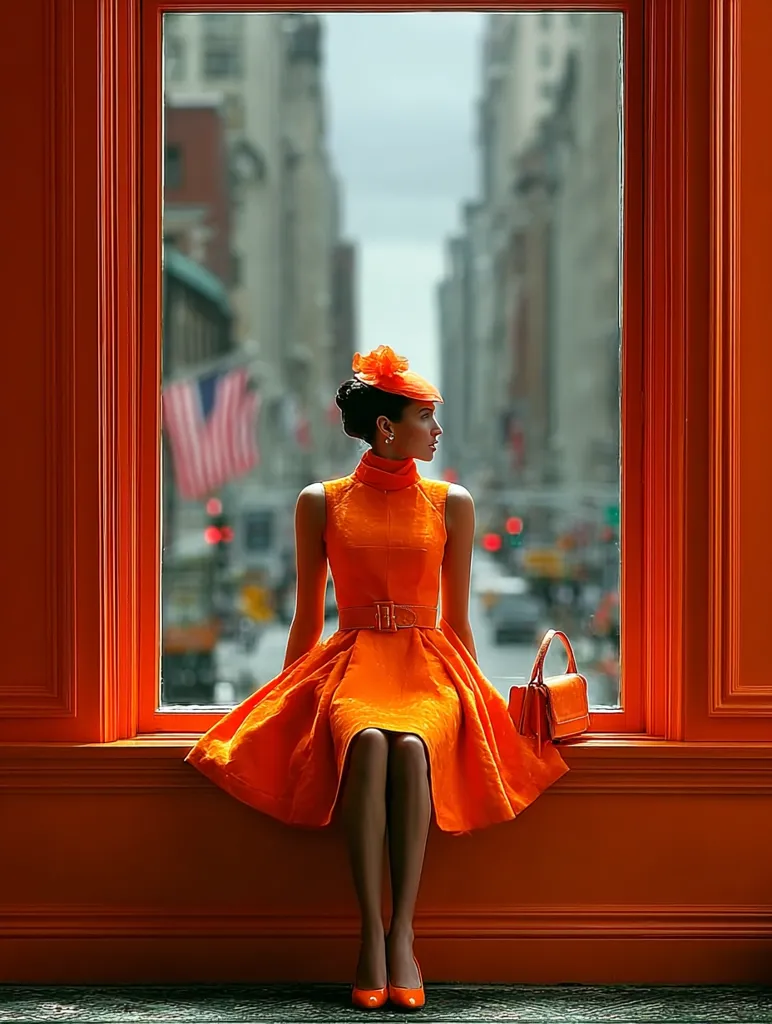 A woman in a vibrant orange dress and matching hat sits on an orange windowsill.  The dress is A-line with a belted waist, and she carries a small orange handbag.  The blurred city backdrop seen through the window contrasts with the bold, saturated colors of the foreground.  The overall aesthetic is one of stylish elegance and saturated color.